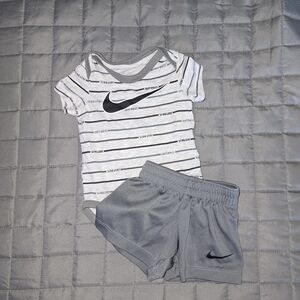 Nike Gray and White Baby Onesie and Shorts Set